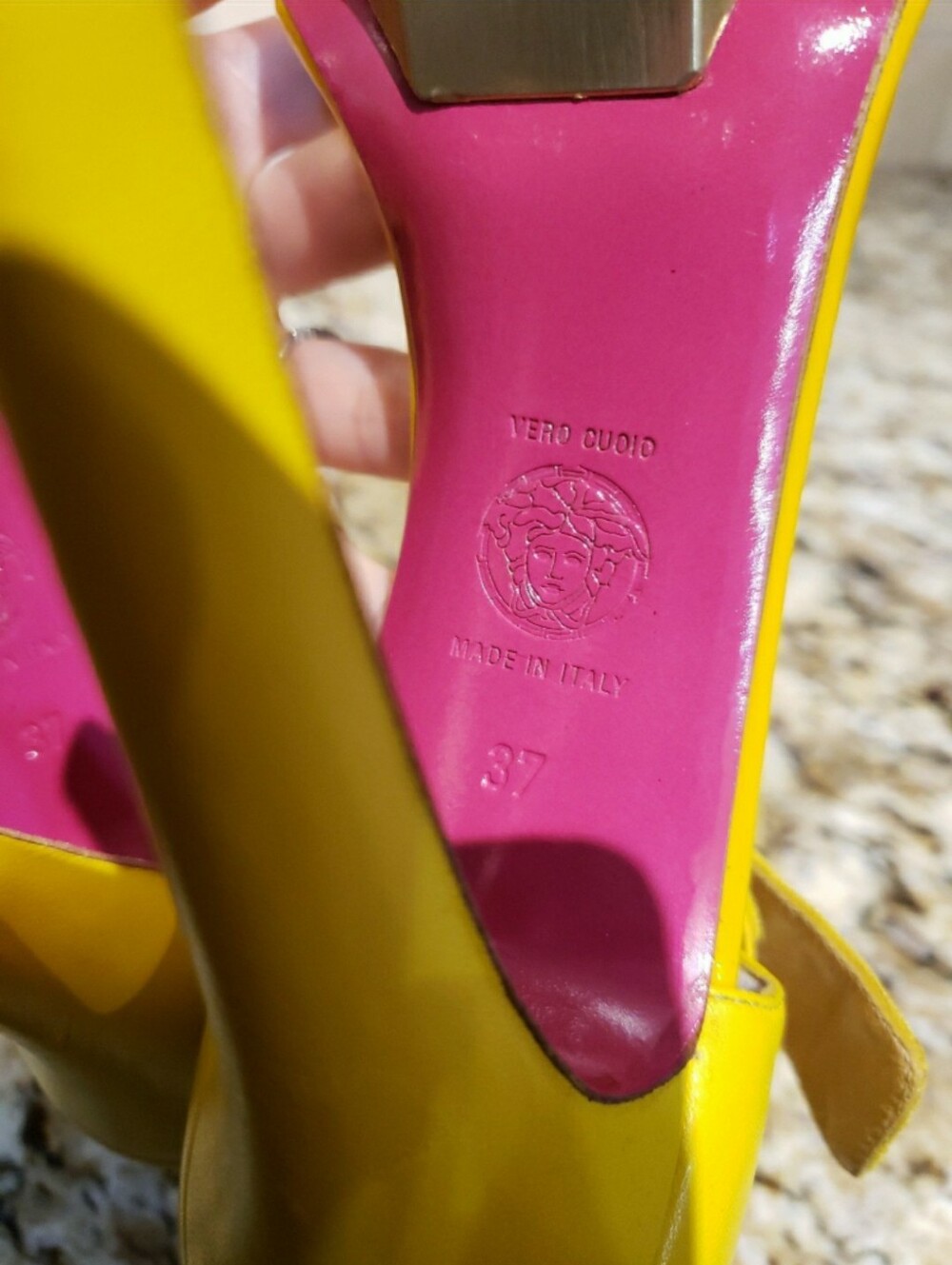 Versace Yellow Patent Platform Ankle-Strap Heels - Picture 10 of 12